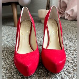 Red Jessica Simpson suede pumps